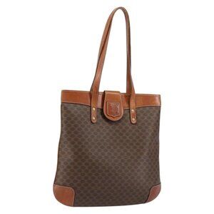 Authentic CELINE Macadam Canvas Shoulder Bag PVC Leather Brown Gold